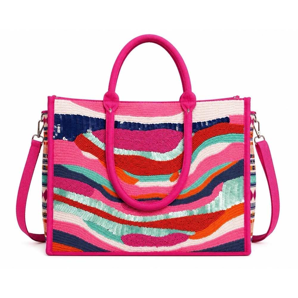 America & Beyond Tote Bag Pink Sand Beaded Coastal Boho Beach Statement Large
